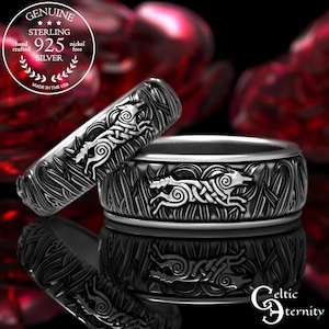 Matching Sterling Wolf Rings, Sterling Silver Wolf Wedding Bands, Celtic Wolf Ring Set, Matching Wolf Rings, His Hers Wolf Rings, 1909 1910