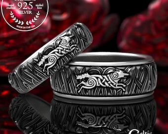 Matching Sterling Wolf Rings, Sterling Silver Wolf Wedding Bands, Celtic Wolf Ring Set, Matching Wolf Rings, His Hers Wolf Rings, 1909 1910