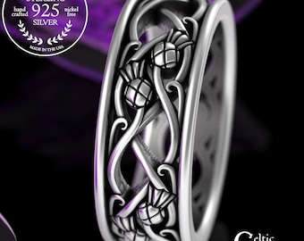 Men's Sterling Scotland Thistle Ring, Irish Heritage Jewelry, Scottish Highlands Marriage Ring, Celtic Thistles & Knotwork Wedding Band,3302