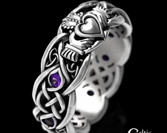 Amethyst & White Gold Claddagh Ring, Modern Claddagh Wedding Ring, Celtic Gold Wedding Band, Irish Love Ring, Platinum Claddagh Ring, 1684