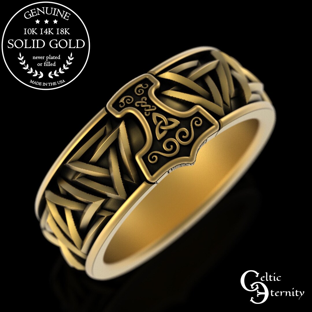 Viking Gold Rings Viking Warrior Gold Ring, 10K 14K Hammer of Thor Wedding Band, Mens ...