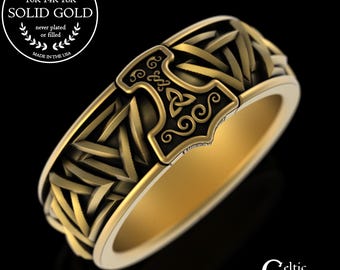 Viking Warrior Gold Ring, 10K 14K Hammer of Thor Wedding Band, Mens Norse Mythology Jewelry, Nordic Valknut Groom Wedding Ring, 3229