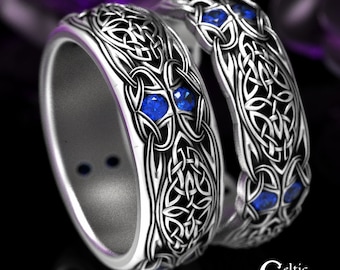 Sapphire Matching Ring Set, Sterling Celtic Wedding Ring Set, Celtic Matching Wedding Rings, Irish Matching Ring Set, Ring Set, 1468 1804
