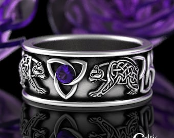 Sterling Celtic Bear Ring, Amethyst Mens Viking Wedding Band, Silver Amethyst Irish Ring, Norse Wedding Ring, Nordic Trinity Knotwork, 3102