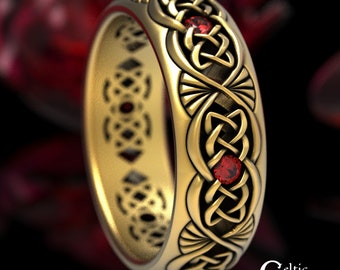 Ruby & Gold Wedding Band, Gold Celtic Wedding Band, Mens Gold Wedding Ring, Ruby Platinum Mens Ring, Celtic Knotwork Wedding Band, 1579