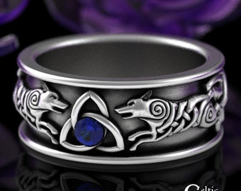 Blue Sapphire Wolf Ring, Sterling Wolf Celtic Ring, Running Wolves Wedding Band, Sapphire Viking Mens Ring, Silver Norse Knotwork Ring, 3103