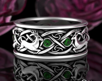 Celtic Emerald Mens Forest Ring, Sterling Silver Stag Deer Ring, Mens Deer Buck Wedding Ring, Infinity Scottish Emerald Knotwork Ring, 3127