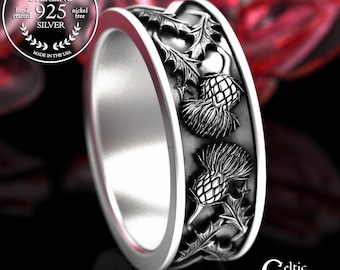 Men's Scottish Highlands Thistle Ring, Sterling Groom Celtic Wedding Band, Silver Irish Flower Jewelry, Scotland Thistle Anniversary, 2127