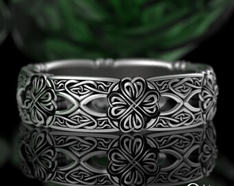 Celtic Shamrock Knotwork Ring, Sterling Irish Clover Ring, Silver Lucky 4 Leaf Clover Wedding Band, 925 Ireland Quatrefoil Heart Ring, 3214
