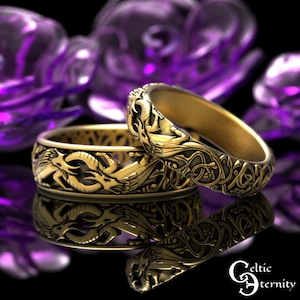 Gold/White Gold Dragon Wedding Ring Set, Matching Dragon Wedding Rings, Gold Celtic Matching Wedding Bands, Celtic Dragon Rings, 1380 1803