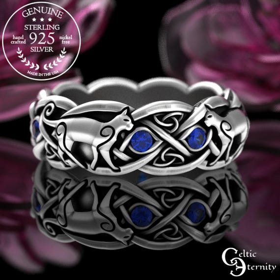 Celtic Cat Ring, Sterling Sapphire Irish Cat, Swirl Cat Wedding