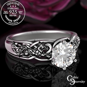 Moissanite Woven Foxes Ring, Sterling Foxy Lady Wedding Ring, Silver Vixen Marriage Ring, Womans Diamond Fox Solitaire, Celtic Proposal 3248