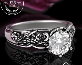 Moissanite Woven Foxes Ring, Sterling Foxy Lady Wedding Ring, Silver Vixen Marriage Ring, Womans Diamond Fox Solitaire, Celtic Proposal 3248