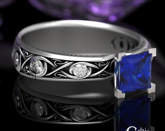 Celtic Princess Cut Sapphire Solitaire with Moissanite, Celtic Engagement Ring, Sapphire Silver Engagement Ring, Knotwork Wedding Ring 1429