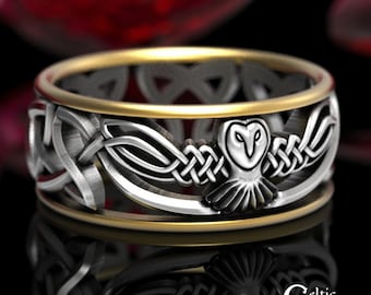 10K & Sterling Celtic Owl Wedding Ring, 2Tone Owl Ring, Knotwork Barn Owl Ring, Celtic Wedding Band, Gold Celtic Ring, Hoot Owl Ring, 1016