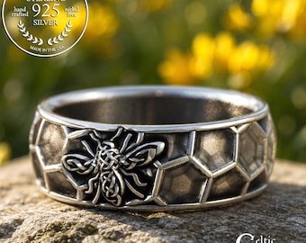 Sterling Silver Bee Ring, Queen Bee Ring, Honeycomb Wedding Band, Celtic Bee Ring, Silver Bee Wedding Ring, Bee Wedding Band, 1797