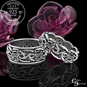 His Hers Wolf Rings, Matching Sterling Silver Nordic Wedding Bands, Celtic Knotwork Ring Set, Howling Wolves Wedding Rings, 4267 4269