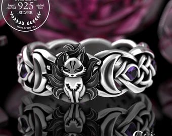 Amethyst & Sterling Mystical Fox Ring, Female Japanese Fox Wedding Band, Magical 9-Tailed Fox Crescent Moons Ring, Heavenly Fox Ring, 3199