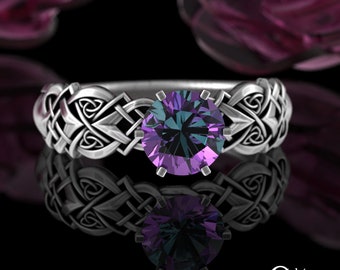 Alexandrite Celtic Engagement Ring, Womens Sterling Knotwork Engagement Ring, 925 Heart Wedding Ring, Silver Irish Solitaire Ring, 4017