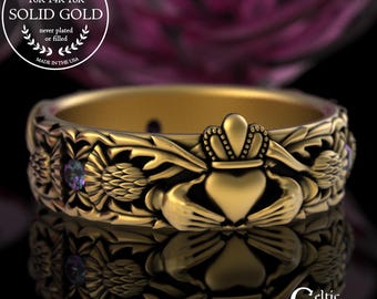 Alexandrite Handfasting Ring for Woman, Gold Scottish Thistle Wedding Band, 14K Flower Celtic Claddagh Ring, 18K Scotland Thistle Ring, 3244