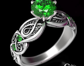 Sterling Silver & Emerald Celtic Engagement Ring, Infinity Engagement Ring, Emerald Celtic Engagement Ring, Emerald Wedding Ring, 1652