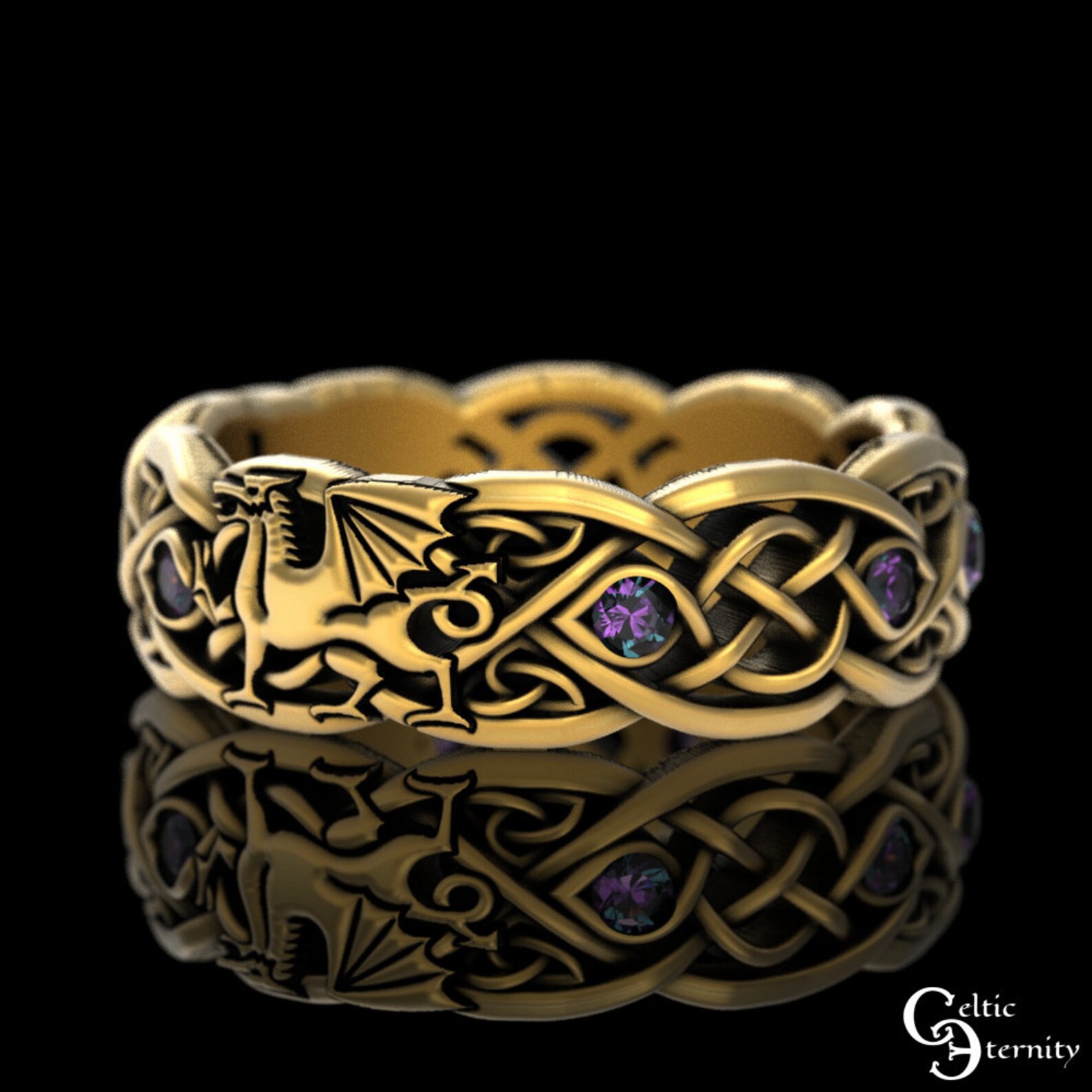 Alexandrite Welsh Dragon Ring, 10K 14K Dragon Wedding Band, Celtic Alexandrite Welsh Dragon Ring, 10K 14K Dragon Wedding Band, Celtic