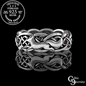 Ruby Fox Wedding Ring, Womens Sterling Fox Ring, Ruby Fox Ring, Fox Wedding Band, Celtic Fox Wedding Ring, Sterling Fox Ring, 3196