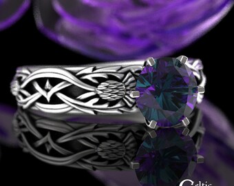 Alexandrite Engagement Ring, Sterling Silver Celtic Thistle Wedding Ring, Alexandrite Scottish Wedding Ring, Sterling Solitaire Ring, 3063