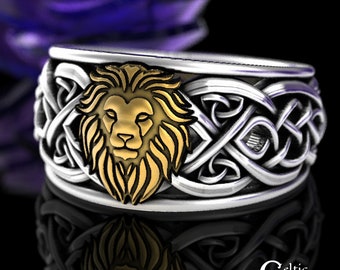 Gold Lion Wedding Band, Silver + 10K Gold, 2tone Mens Ring, Celtic Lion Ring, Mens Lion Ring, Lion Signet Ring, Gold Lion Ring, 3006