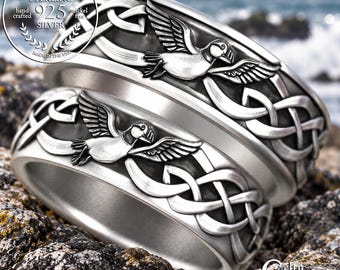 Matching Puffin Wedding Band Set, Sterling Sea Bird Rings, His Hers Anniversary Ring Set, Ocean Theme Jewelry, 2117 2118