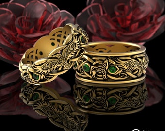 Matching Emerald Viking Raven Wolf Ring Set, His Hers Gold Celtic Ring Set, 10K Irish Wedding Band Set, 14K Wedding Ring Set, 4696 4697