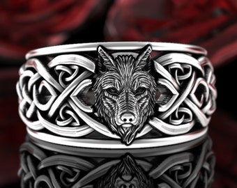 Mens Viking Wolf Knotwork Ring, Sterling Wolf Herald Ring, Silver Scottish Wolf Wedding Ring, Solid Heavy Wolf Ring, Wolf Head Ring, 3110