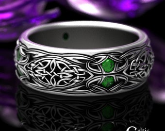 Emerald Knotwork Ring, Mens Sterling Silver Wedding Band, Emerald Celtic Wedding Band, Emerald Trinity Knot Ring, Mens Emerald Ring, 1804