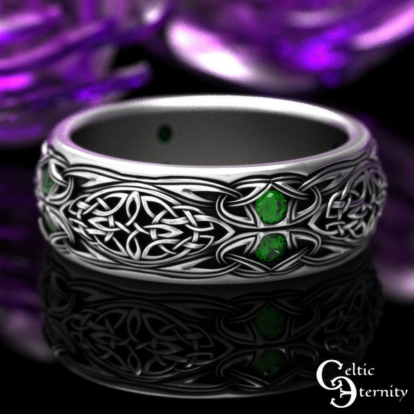 Emerald Knotwork Ring, Mens Sterling Silver Wedding Band, Emerald Celtic Wedding Band, Emerald Trinity Knot Ring, Mens Emerald Ring, 1804