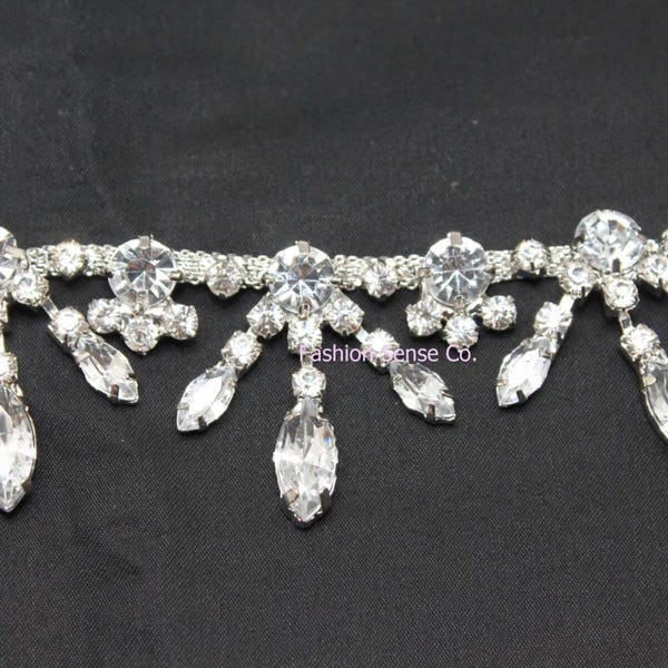 fashion bridal costume applique diamante rhinestone crystal silver chain fringe trim 1 yard