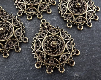 Round Filigree Chandelier Earring Pendant Connectors, Earring Links, Multi Loop, Multi Strand Connector, Antique Bronze Plated Brass, 4pc