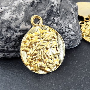 Gold Zeus Coin Pendant Charm, Laurel Bust Coin Medallion, Ancient Greek Coin, 22k Matte Gold Plated, 1pc