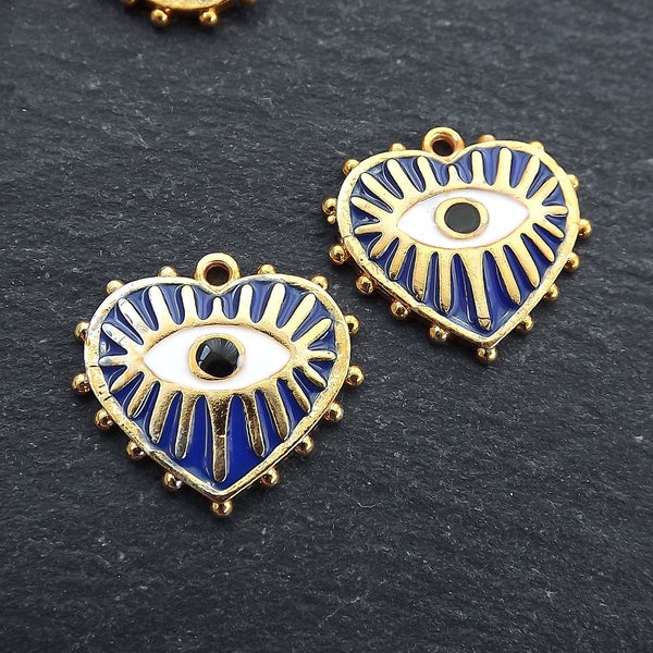 Evil Eye Heart Pendant Charms, Royal Blue Evil Eye, Enamel Evil Eye Charm, Rustic Evil Eye Charm, 22k Matte Gold Plated, 2pc