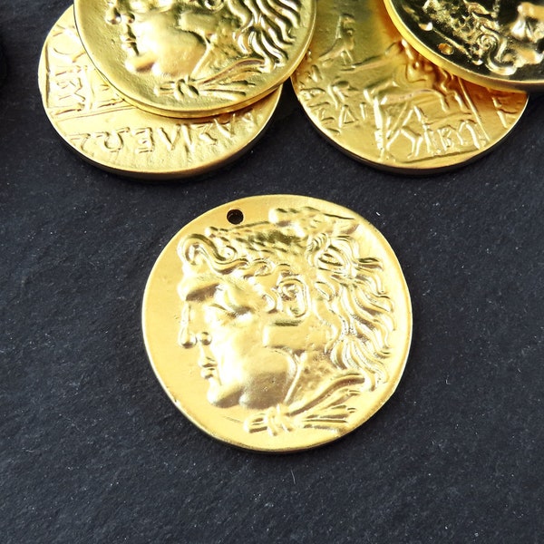 Gold Roman Coin Pendant Charm, Hercules Coin Replica Coin Medallion, Ancient Greek Coin, 22k Matte Gold Plated, 1pc