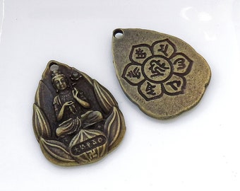 Buddha Amulet Pendant Samantabhadra Om Mani Padme Hum Symbol, Buddhist Prayer, Lotus Sutra, Buddha Mantra, Antique Bronze Plated 1pc