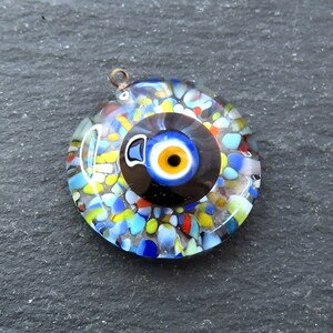 Glass Evil Eye Charm Pendant, Black Multicolor Spotted Round Spiral Evil Eye, Lampwork, Amulet, Protective, Lucky, Handmade, 1pc