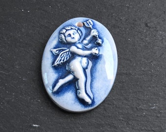 Cherub Angel Pendant Ceramic Artisan Charm for Jewelry Making, Handmade Handcrafted Pottery Findings, 36x27mm, 1pc