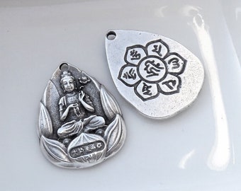 Buddha Amulet Pendant Samantabhadra Om Mani Padme Hum Symbol, Buddhist Prayer, Lotus Sutra, Buddha Mantra, Matte Antique Silver Plated 1pc