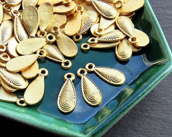 15 Gold Spiral Teardrop Charms, Tear Drop Dangle Pendant Charm, 22k Matte Gold Plated Brass