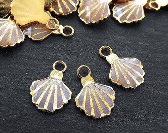 3 Shell Charms, Lilac Mauve Enamel Small Shell Pendant Charms, Scallop Shell, Seashell Charms, Beach Charm, 22k Matte Gold Plated, 3pc