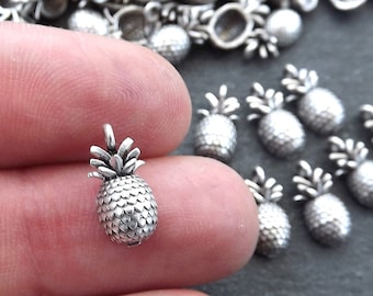 15 Mini Pineapple Charms, Tiny Pineapple Charms, Fruit Charm, Side Facing Loop, Matte Antique Silver Plated Brass