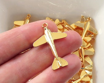 Airplane Jet Plane Charm Pendant, Traveler Pilot Air Hostess Gift Idea, Jewelry Making Supply, 24K shiny gold plated, 2pcs