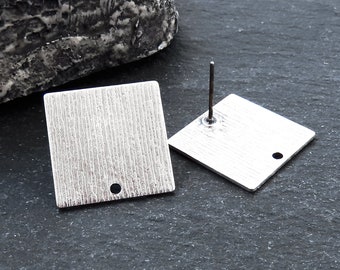Square Earring Posts Finding, Textured Stud Earrings, Ear Post Earrings Component, Matte Antique Silver, 1 Pair, with Butterfly Backs