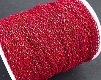 3 x 2mm Rot Gold Diamantschliff Kabelkette, Zarte ovale Glieder Poppy Rote Kette, 2 Meter