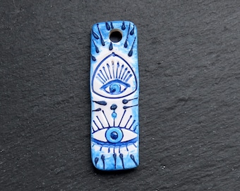 All Seeing Evil Eye Ceramic Pendant, Long Rectangle Artisan Charm for Jewelry Making, Handmade Handcrafted Pottery Findings, 63x20mm, 1pc